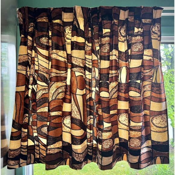 Vintage 70s pleated curtains, brown, rust, tan abstract pattern, velvet, pair - Picture 1 of 10